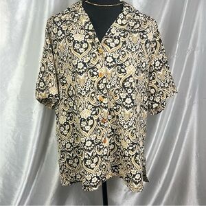 Vintage Boho Whimsigoth Black & Gold Paisley Button-Up Shirt Size Large